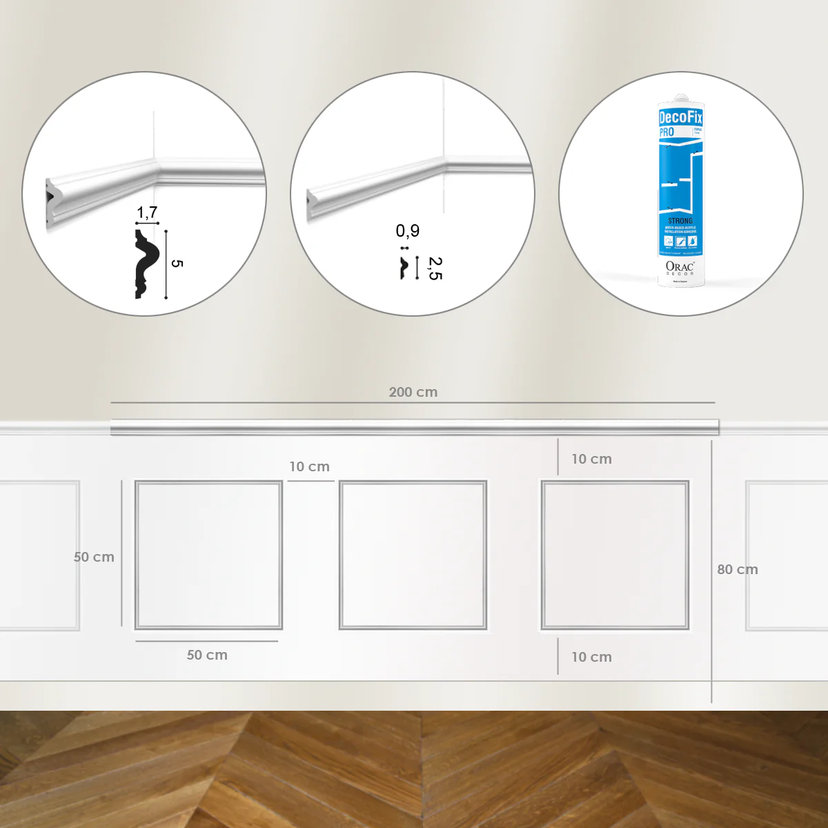 Kit DIY Encadrement - Cimaise PX175 200cm + 3 cadres PX201 + colle - Soubassement Orac - Image 3