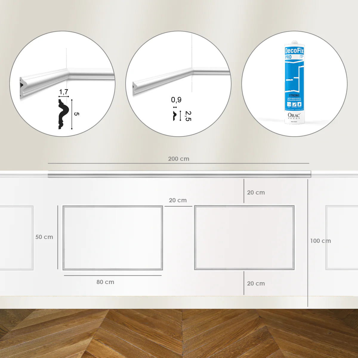 Kit DIY Encadrement - Cimaise 200 cm PX175 + 2 cadres PX201 + colle - Soubassement Orac - Image 3