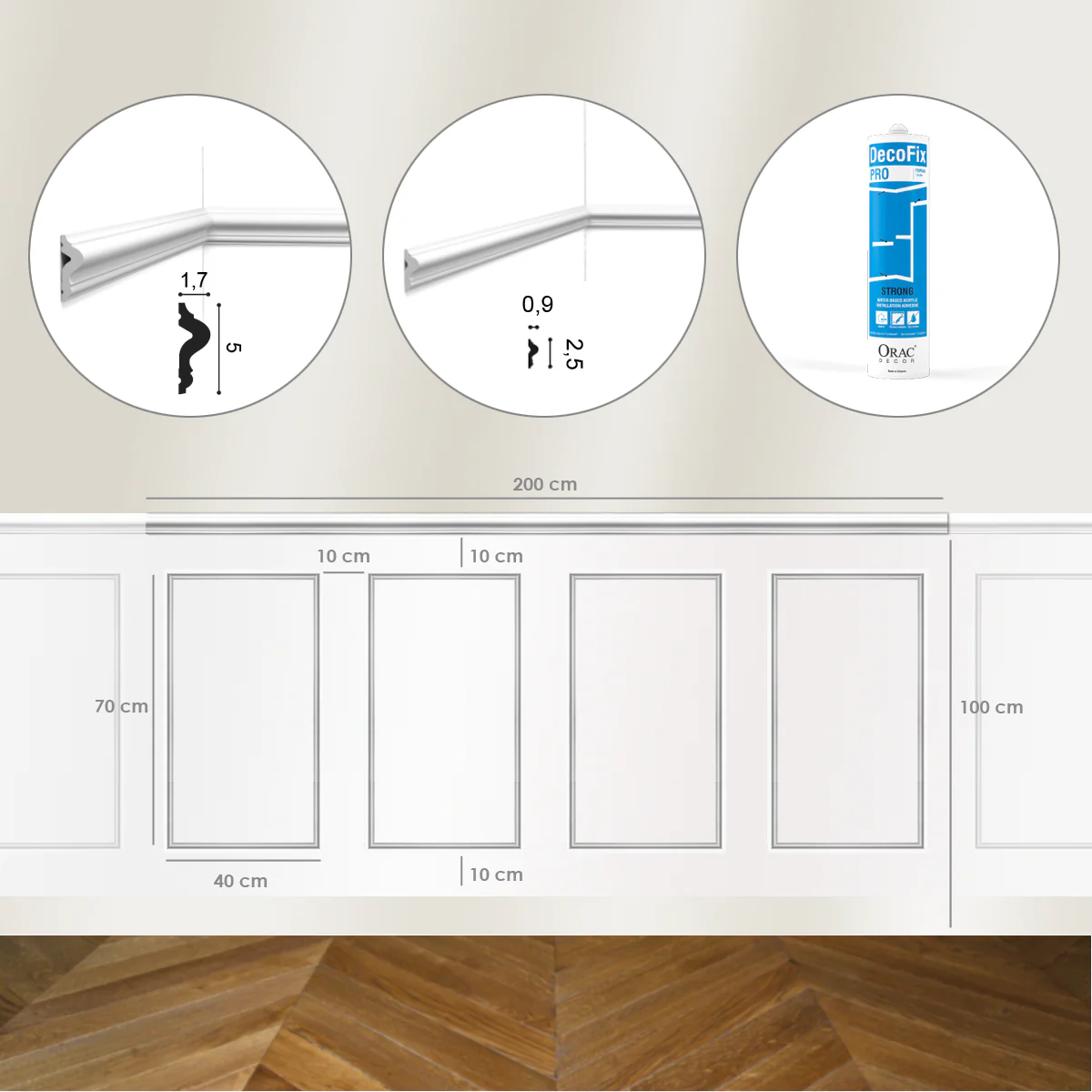 Kit DIY Encadrement - Cimaise 200 cm PX175 + 4 cadres PX201 + colle - Soubassement Orac - Image 3