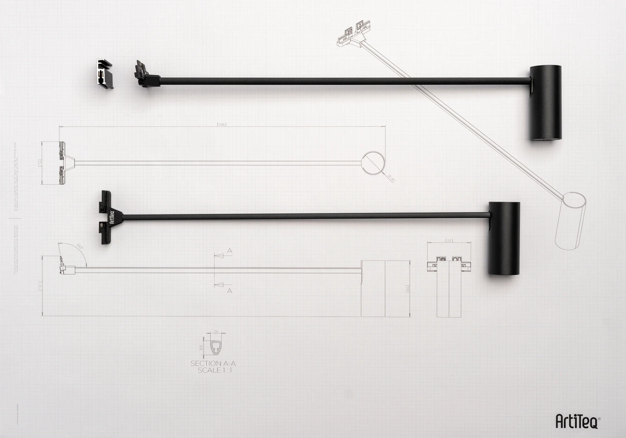 Spot sur tige 50 cm noir Illume Duo Rail - Accrochage et éclairage tableau Artiteq - Image 6
